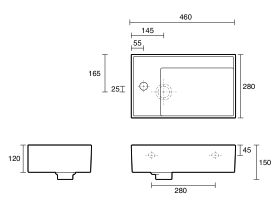 Technical Drawing - LAUFEN Kartell Wall Basin with Shelf Right Hand Bowl 460mm x 280mm 1 Taphole