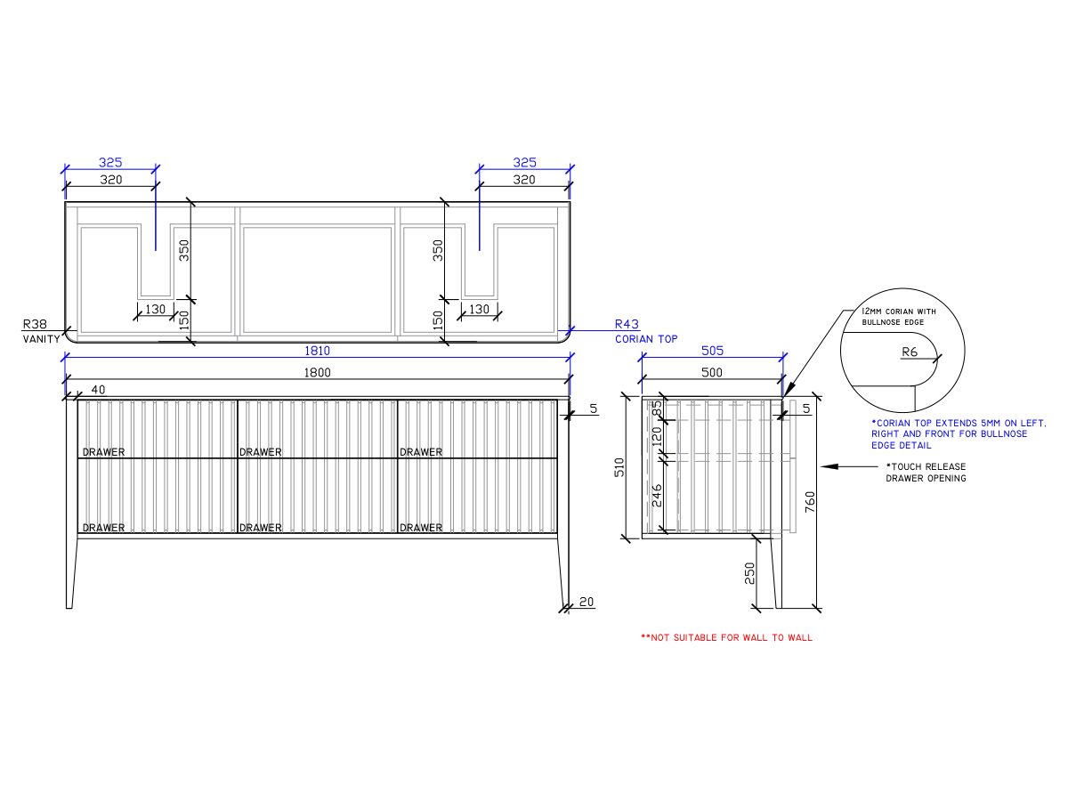 ISSY Cloud II 1800mm x 500mm x 760mm Vanity Unit with Legs 6 Touch Latch Drawers (No Basin)