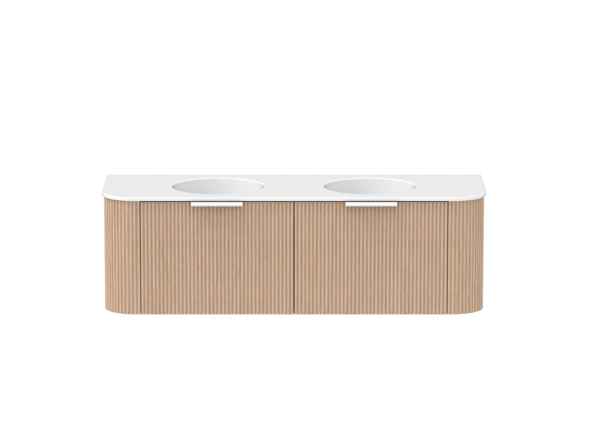 Supporting Image - Kado Neue Fluted Double Curve 1500mm Wall Hung Vanity Double Basin Matte White Ceramic Top Blonde Oak
