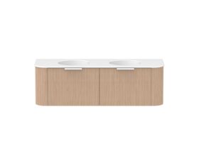 Supporting Image - Kado Neue Fluted Double Curve 1500mm Wall Hung Vanity Double Basin Matte White Ceramic Top Blonde Oak