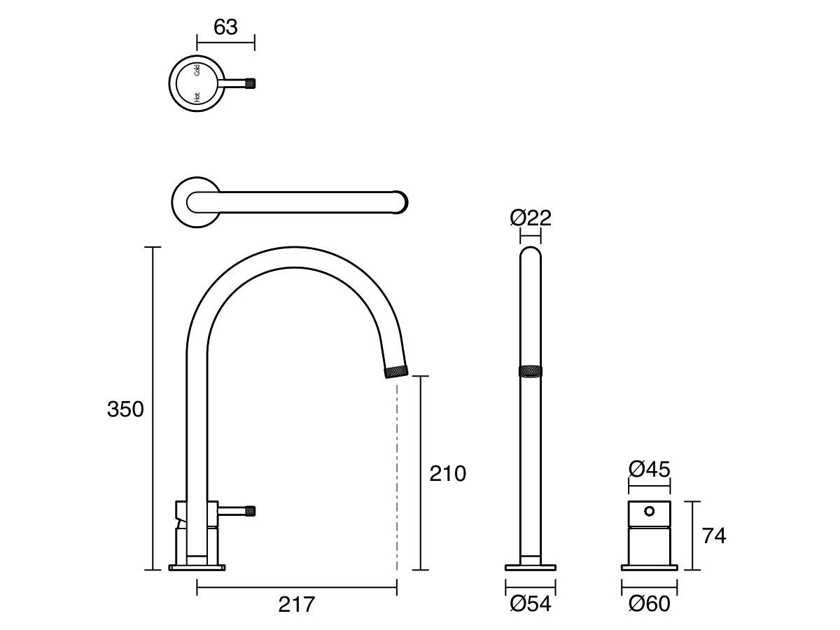 Technical Drawing - Sussex Scala Nova Basin Sink Hob Mixer Set (6 Star) Lead Free