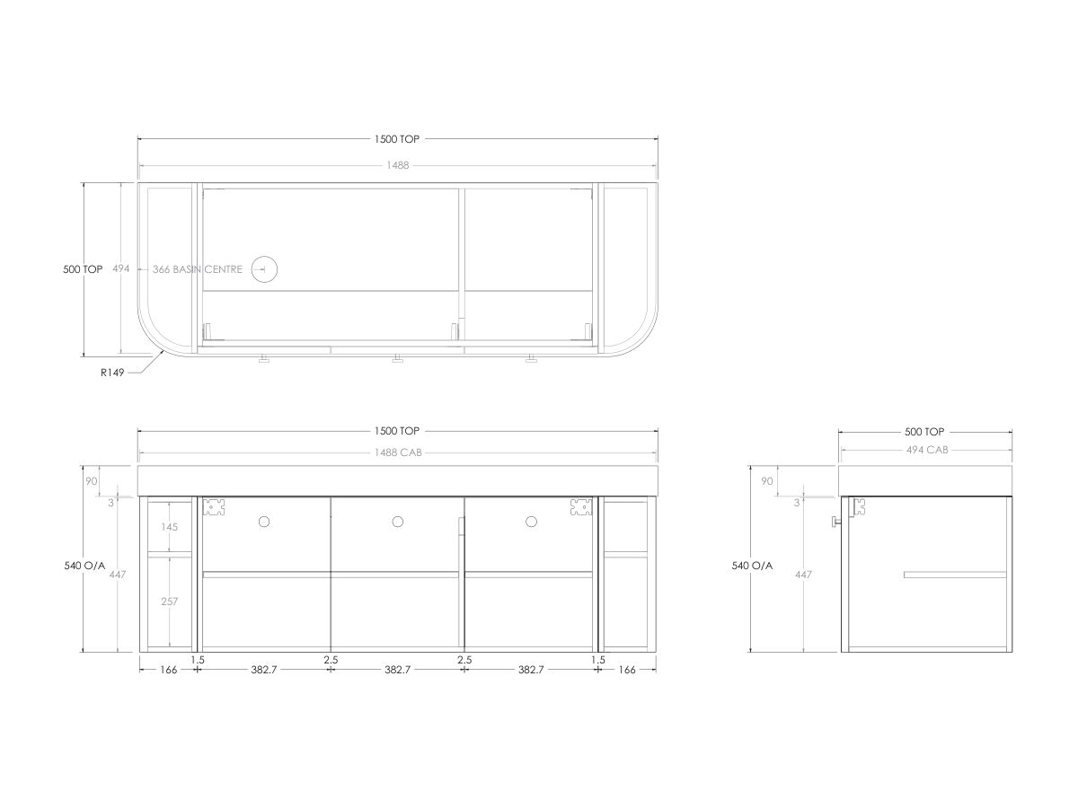 Technical Drawing - Kado Era Double Curve All Door 1500mm Wall Hung Vanity Left Hand Basin 90mm Durasein Top