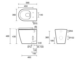 Technical Drawing - Kado Lux Rimless Plus Back To Wall Overheight Pan with Soft Close Quick Release Seat (4 Star)