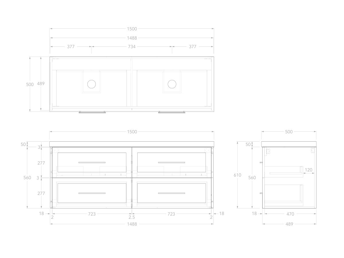Technical Drawing - Kado Lux 1500mm All Drawer Wall Hung Vanity Unit 4 Drawers Double Bowl Vanity 50mm Top