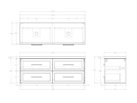 Technical Drawing - Kado Lux 1500mm All Drawer Wall Hung Vanity Unit 4 Drawers Double Bowl Vanity 50mm Top