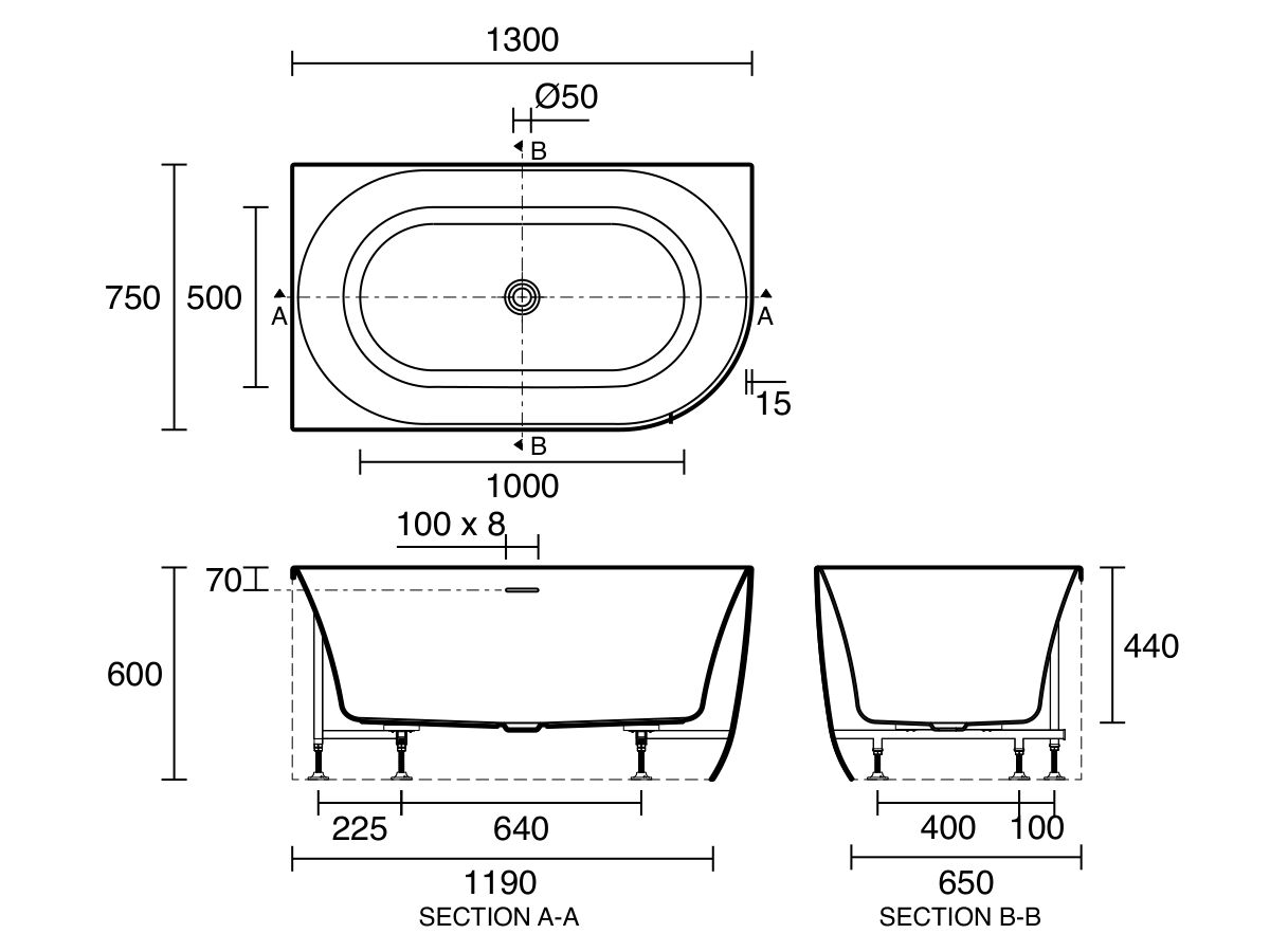Technical Drawing - Posh Solus Back to Corner Freestanding Bath 1300mm Left Corner with Overflow