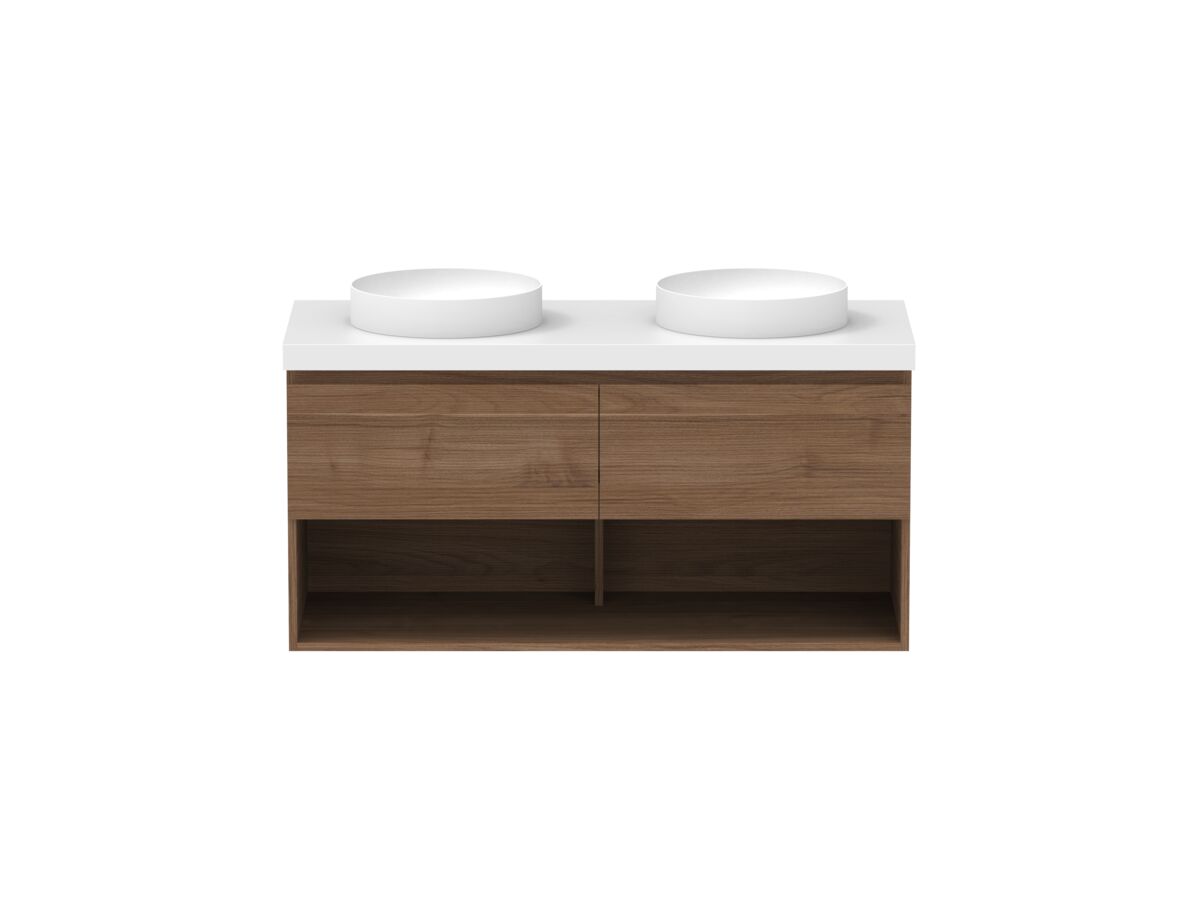 Hero - Posh Domaine 1200mm Wall Hung Vanity Unit All-Drawer Open Shelf Double Bowl 50mm Top