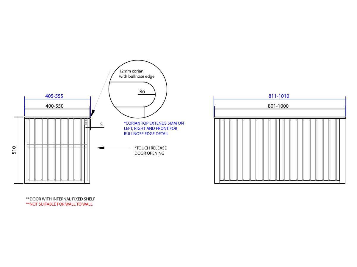 ISSY Custom Cloud I 801-1000mm x 400-550mm x 510mm Wall Hung Vanity Unit 2 Touch Latch Doors (No Basin)