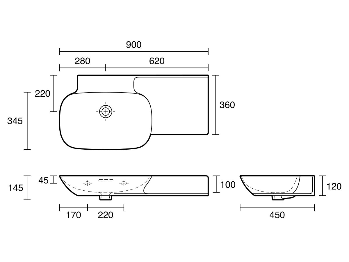 LAUFEN Ino Wall Basin with Shelf Left Hand Bowl 900mm x 450mm with Overflow