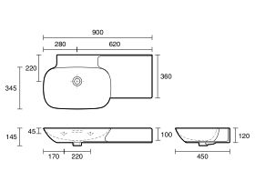 LAUFEN Ino Wall Basin with Shelf Left Hand Bowl 900mm x 450mm with Overflow