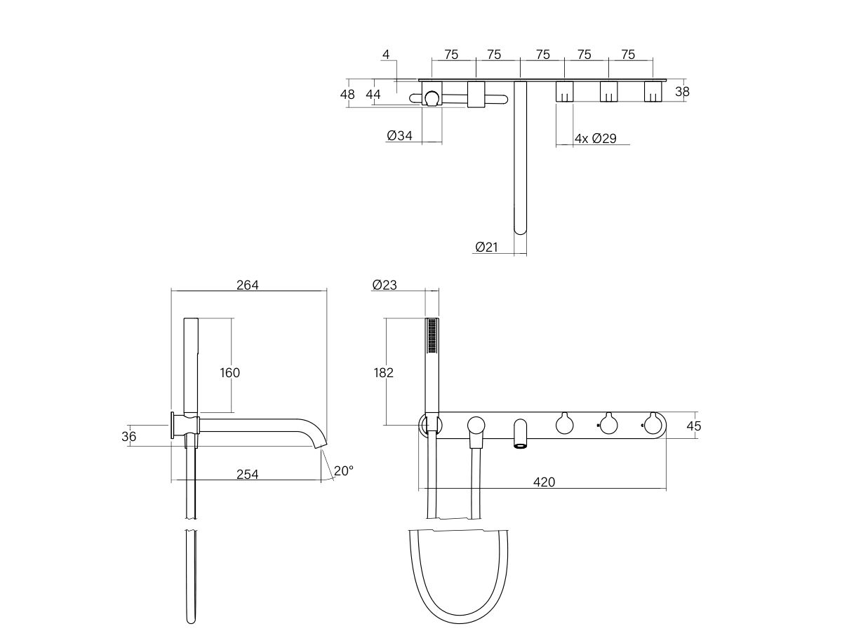 Technical Drawing - Faucet Strommen Vara Fin Wall Bath Tap Set with Handshower (3 Star) Lead Free