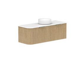 Supporting Image 2- Kado Neue Fluted Single Curve All Drawer 1350mm Wall Hung Vanity with Centre Basin 20mm Top Boston Oak