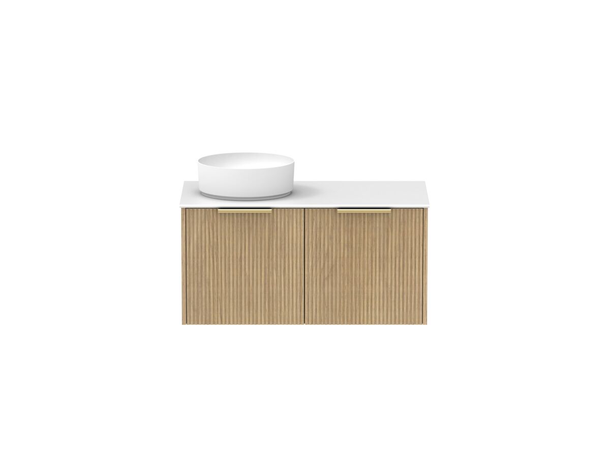 Supporting Image - Kado Neue Fluted Square 900mm Wall Hung Vanity with Left Basin Durasein 12mm Top Boston Oak