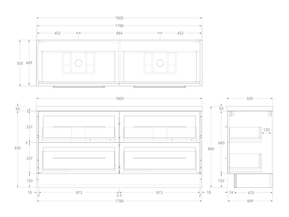 Technical Drawing - Kado Lux 1800mm All Drawer Floor Mounted Vanity Unit 4 Drawers Double Vanity 50mm Top
