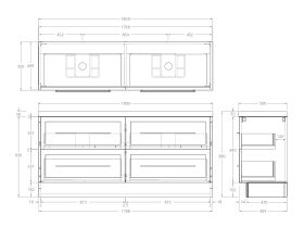 Technical Drawing - Kado Lux 1800mm All Drawer Floor Mounted Vanity Unit 4 Drawers Double Vanity 50mm Top