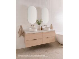 Posh Domaine Plus All-Drawer Twin, 1500mm Double Bowl, Blonde Oak Cabinet, 50mm Caesarstone Mineral benchtop in Frosty Carrina and Aria handle in Brushed Nickel