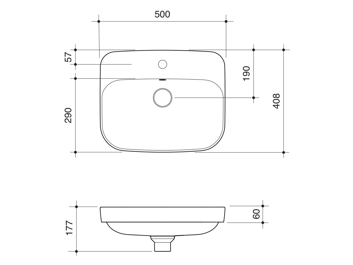 Technical Drawing - Caroma Forma II 500mm Inset Tap Landing One Taphole with Overflow Gloss White