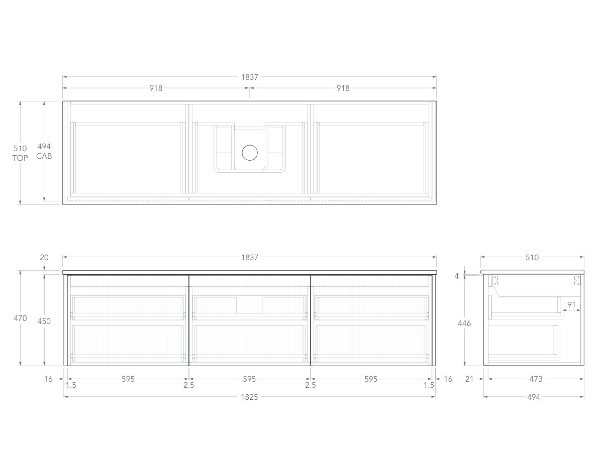 Technical Drawing - Kado Neue Fluted Square All Drawer 1800mm Wall Hung Vanity with Centre Basin 20mm Top