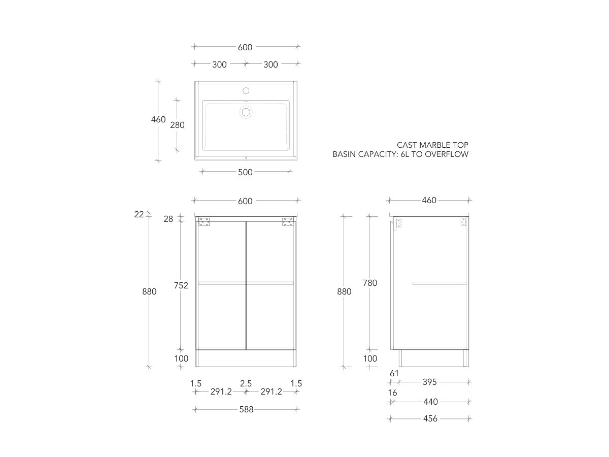 Posh Domaine Conventional 600mm Floor Mounted Vanity Unit Cast Marble Top