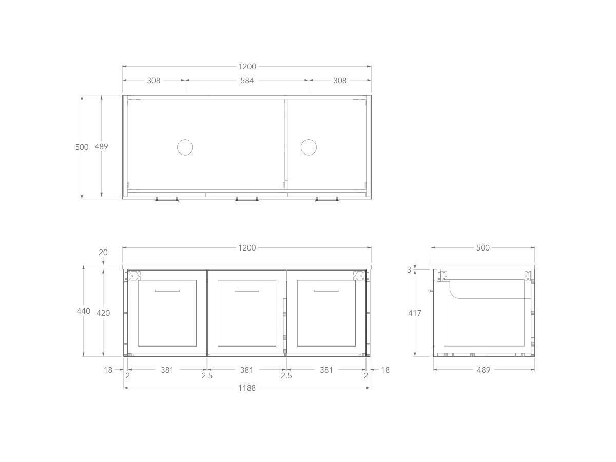 Kado Lux All Door 1200mm Double Bowl Wall Hung