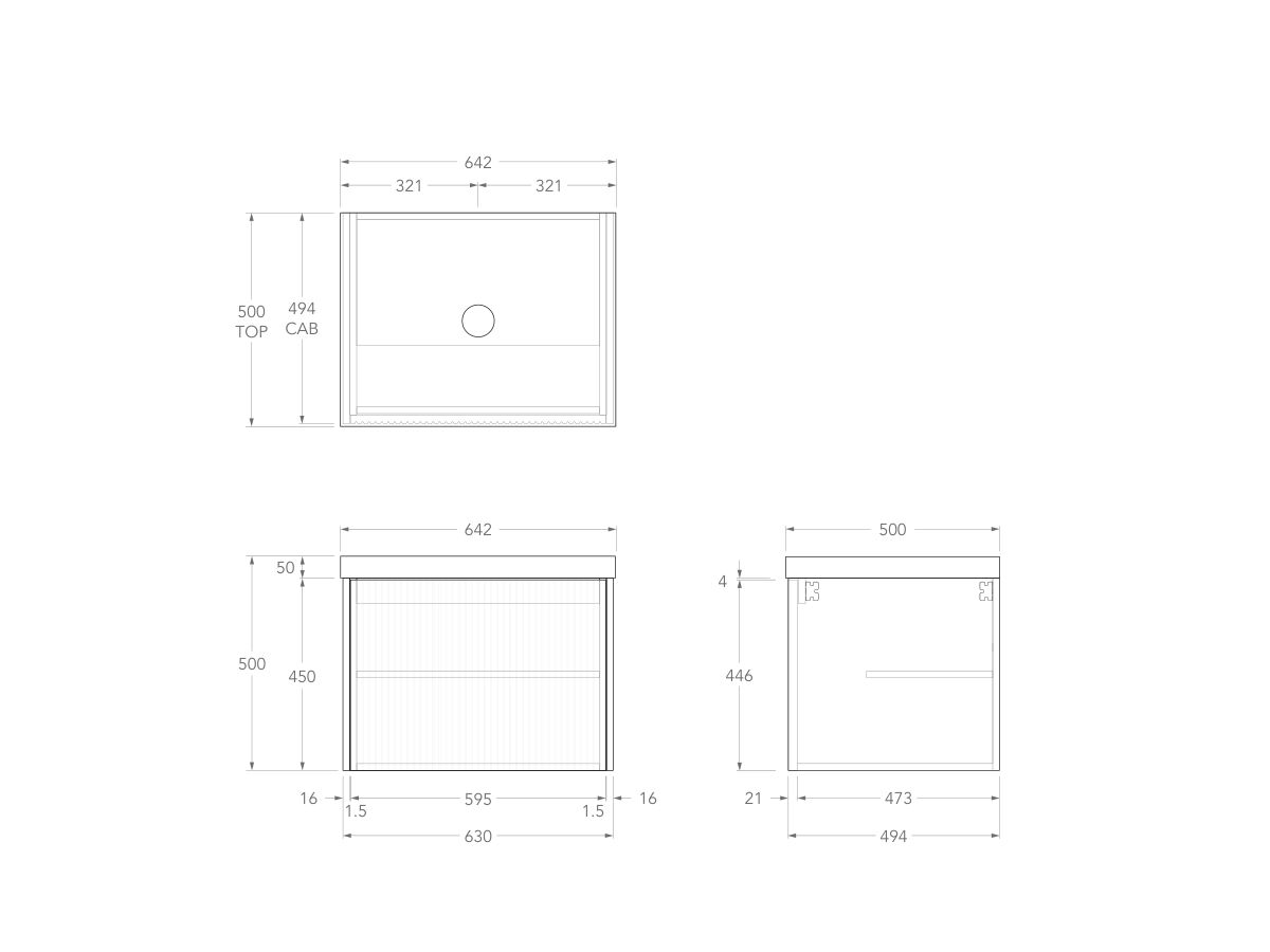 Technical Drawing - Kado Neue Fluted Square All Door 600mm Wall Hung Vanity with Centre Basin 50mm Top