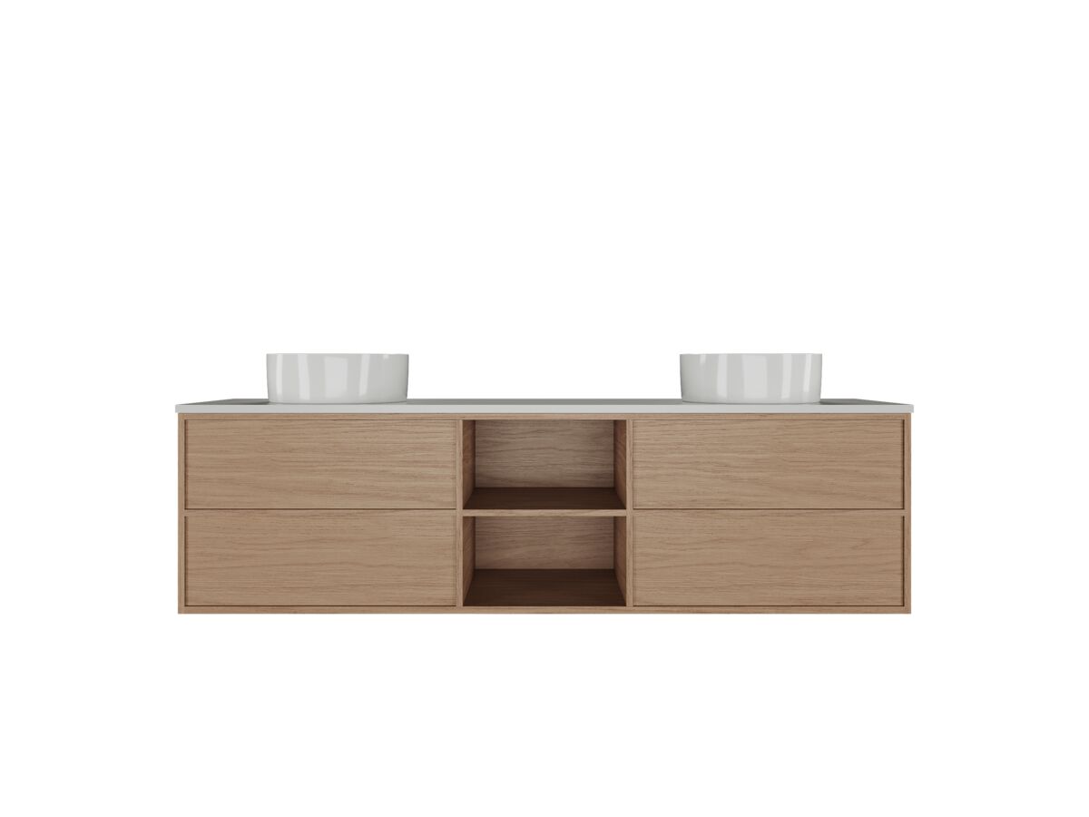 Hero - Kado Aspect Shelf Vanity Unit 1800mm Double Bowl 4 Drawer Caesarstone Mineral 20mm Top - Boston Oak