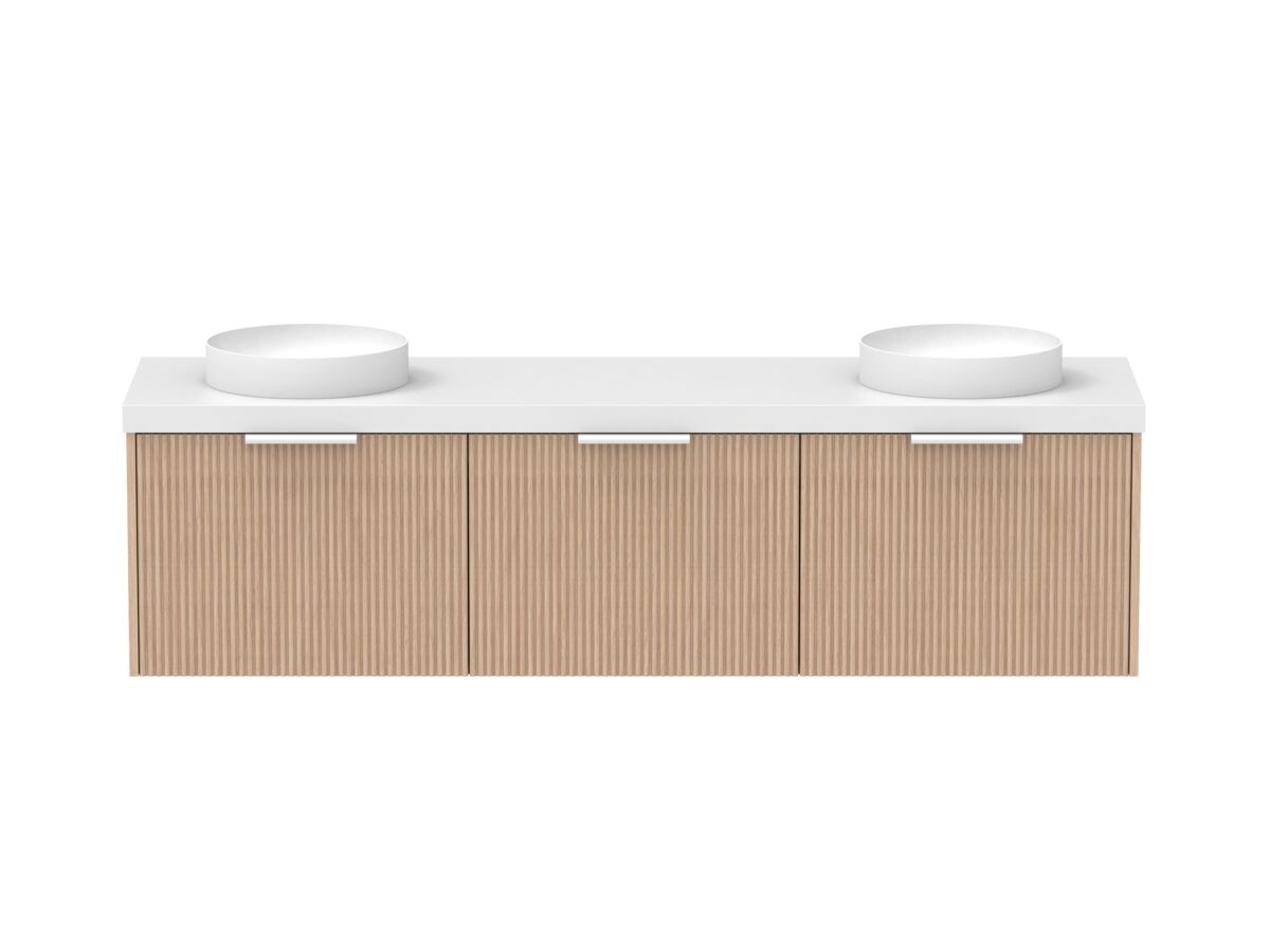 Supporting Image - Kado Neue Fluted Square All Drawer 1800mm Wall Hung Vanity with Double Basin 50mm Top Blonde Oak