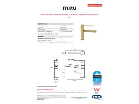 Specification Sheet - Mizu Drift Sink Mixer Extended Lever with Red & Blue Indicators Brushed Brass (5 Star) Lead Free
