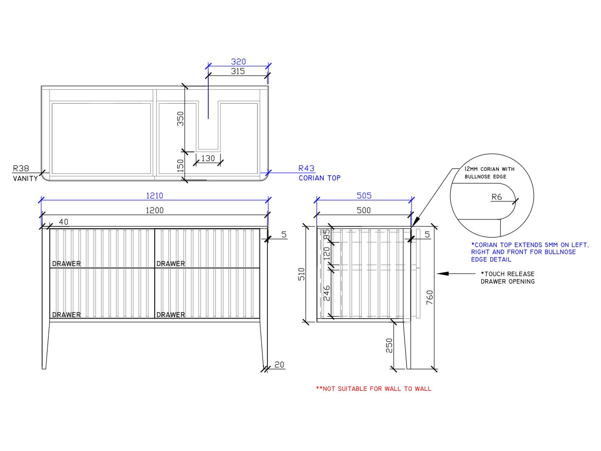 ISSY Cloud II 1200mm x 500mm x 760mm Vanity Unit with Legs 4 Touch Latch Drawers (No Basin)