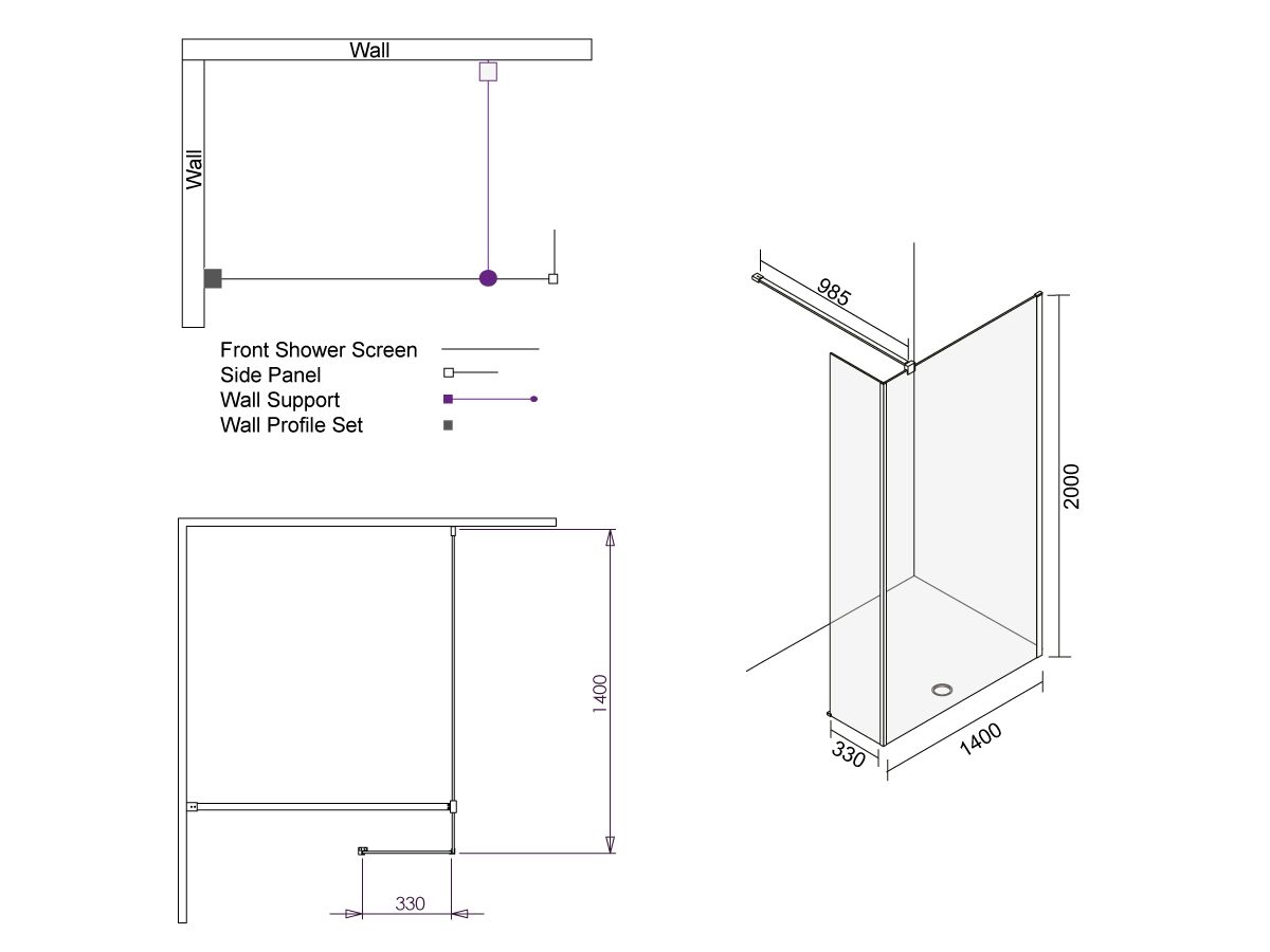 Kado Lux Fixed Shower Screen Panel with Side Panel and Wall Support 1400mm Chrome