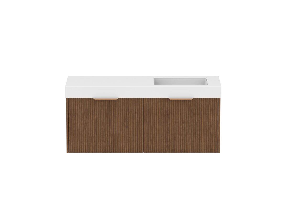 Supporting Image - Kado Neue Fluted Square All Drawer 1200mm Wall Hung Vanity with Right Hand Basin 90mm Top Florentine Walnut
