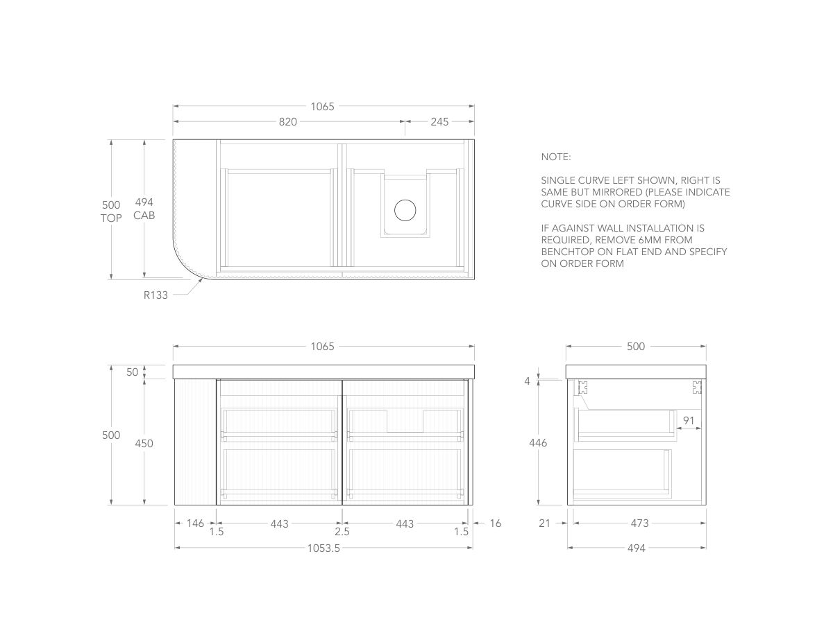 Technical Drawing - Kado Neue Fluted Single Curve All Drawer 1050mm Wall Hung Vanity with Right Hand Basin Durasein 50mm Top