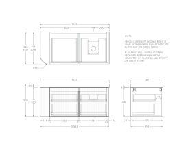 Technical Drawing - Kado Neue Fluted Single Curve All Drawer 1050mm Wall Hung Vanity with Right Hand Basin Durasein 50mm Top