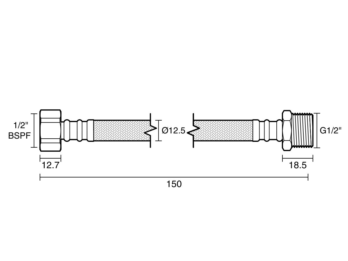 Technical Drawing - Performa Mixer Tap Extension Hose Connector 150mm Nylon Low-Temp Lead Free