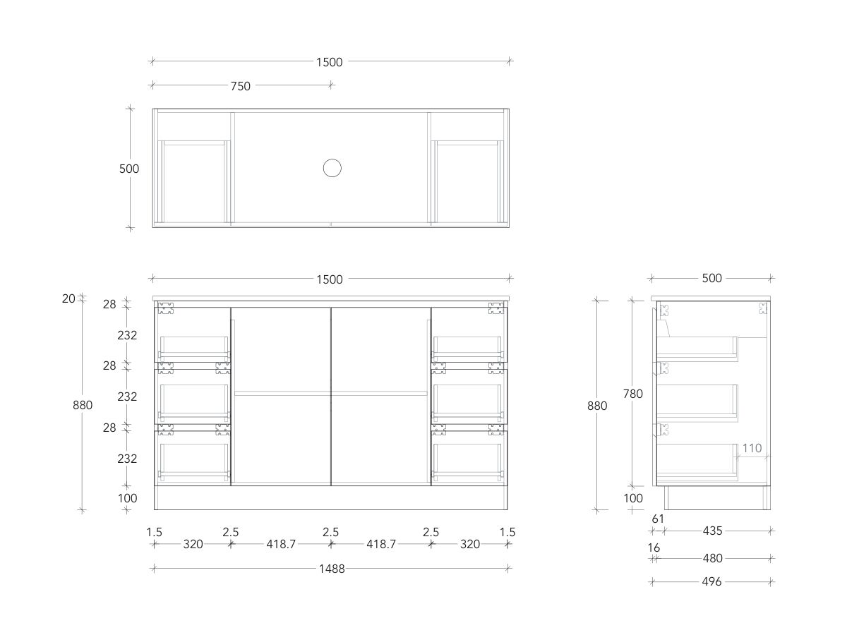 Technical Drawing - Posh Domaine Conventional 1500mm Floor Mounted Vanity Centre Basin 20mm Top