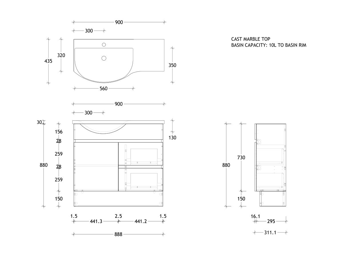 Posh Domaine Semi-Recessed 900 Left Floor Mount Cast Marble