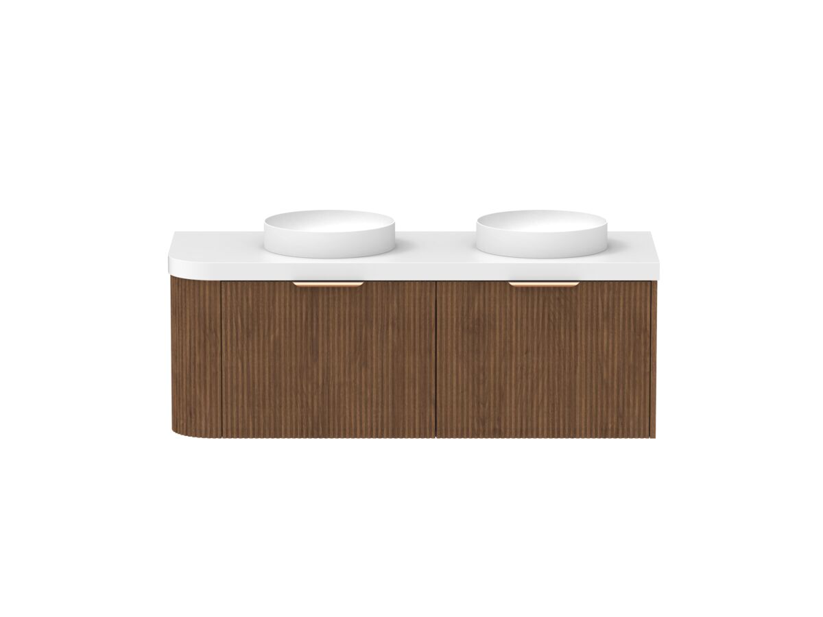 Supporting Image - Kado Neue Fluted Single Curve All Drawer 1350mm Wall Hung Vanity with Double Basin Durasein 50mm Top Florentine Walnut