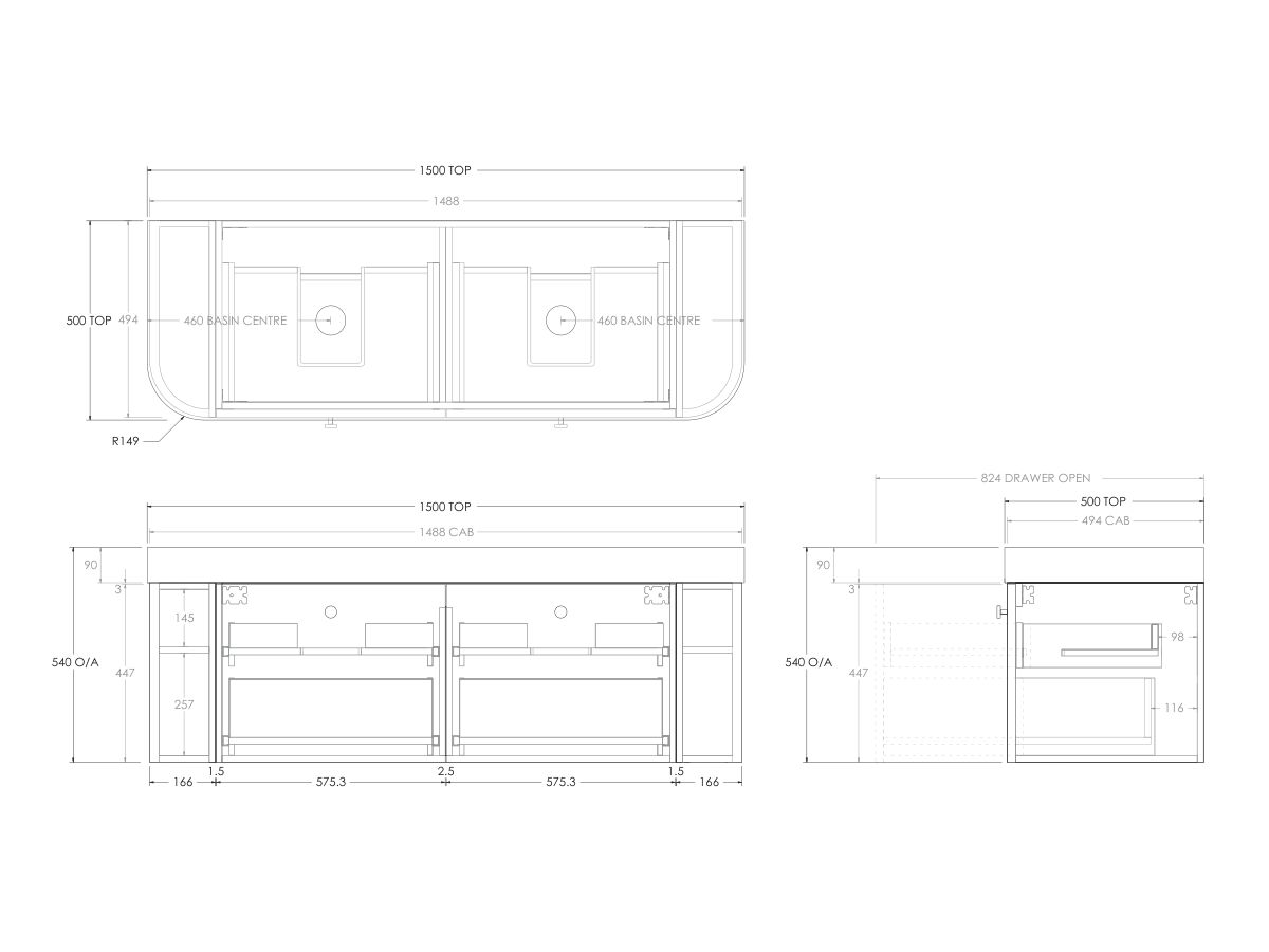 Technical Drawing - Kado Era Double Curve All Drawer 1500mm Wall Hung Vanity Double Basin 90mm Durasein Top