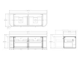 Technical Drawing - Kado Era Double Curve All Drawer 1500mm Wall Hung Vanity Double Basin 90mm Durasein Top