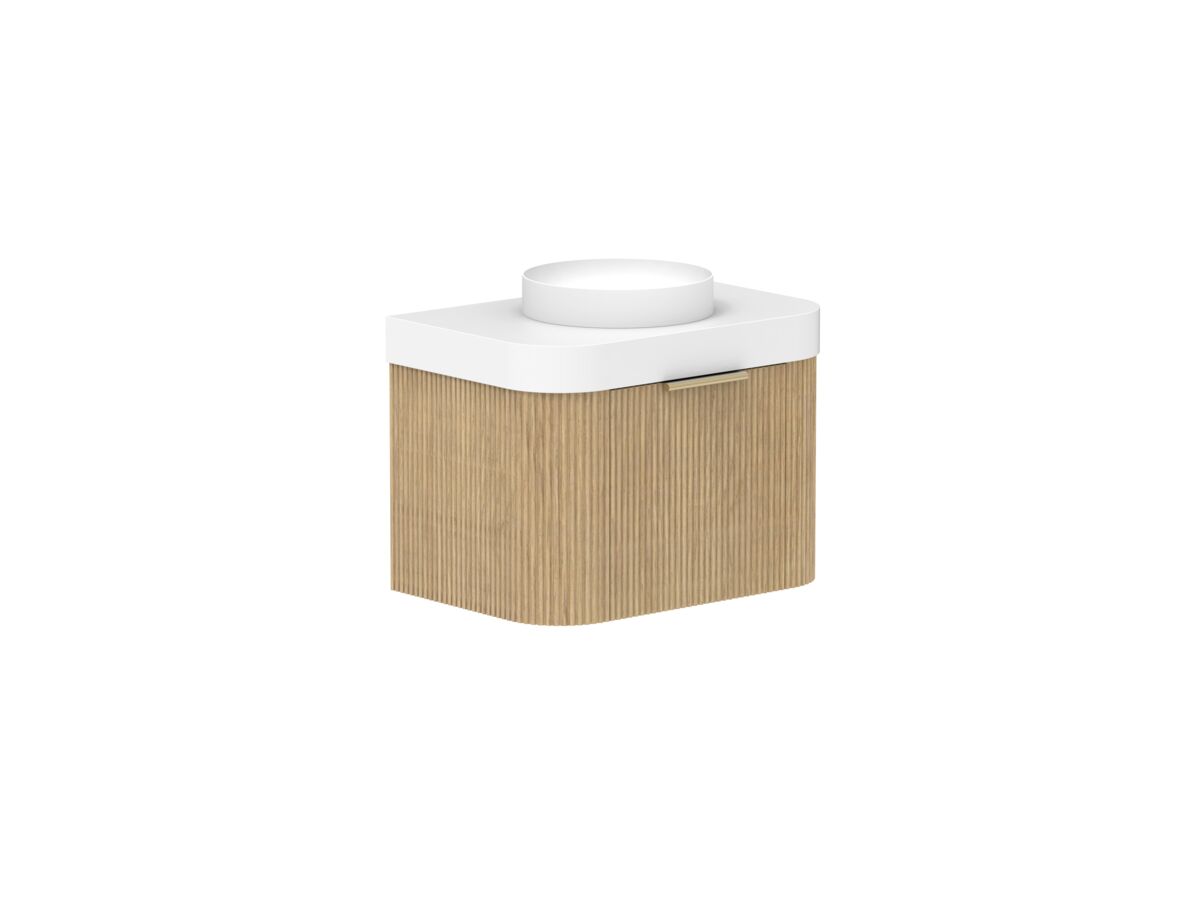 Supporting Image 2- Kado Neue Fluted Double Curve All Drawer 750mm Wall Hung Vanity with Centre Basin Durasein 90mm Top Boston Oak