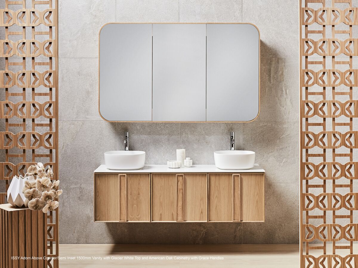 Adorn 2 vanity with Carrara Grace handle and Cloud shaving cabinet portrait close up door open - American Oak