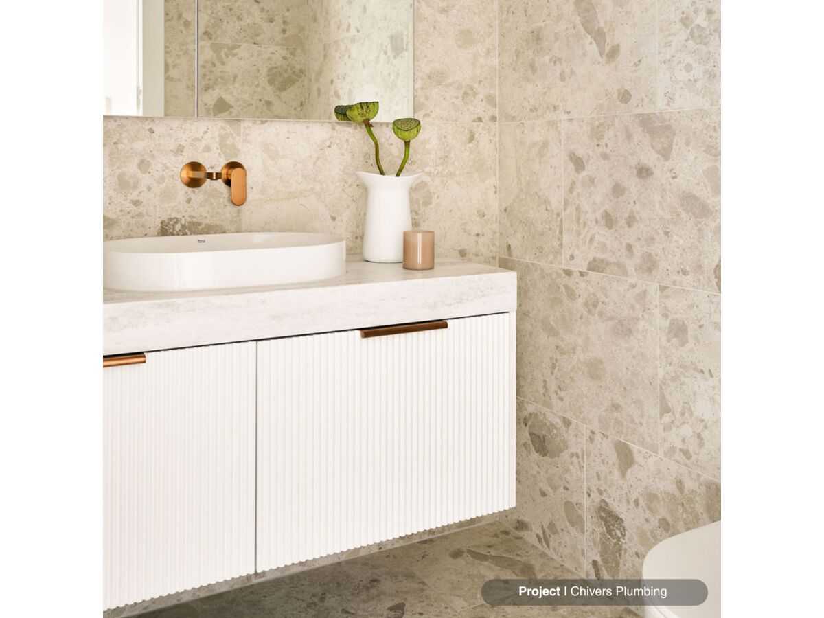 In Situ - Chivers Plumbing - Kado Neue Fluted Square 1200mm Vanity, Roca Inspira Round Oval Semi Inset Basin and Mizu Soothe MK2 Brushed Bronze Tapware