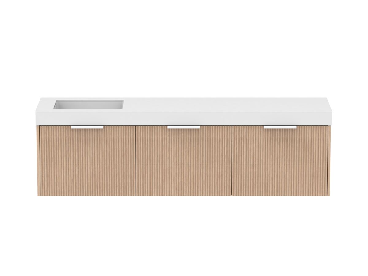 Supporting Image - Kado Neue Fluted Square All Drawer 1800mm Wall Hung Vanity with Left Hand Basin 90mm Top Blonde Oak