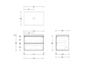 Technical Drawing - Posh Domaine 750mm Wall Hung Twin Vanity Unit All-Drawer 50mm Top