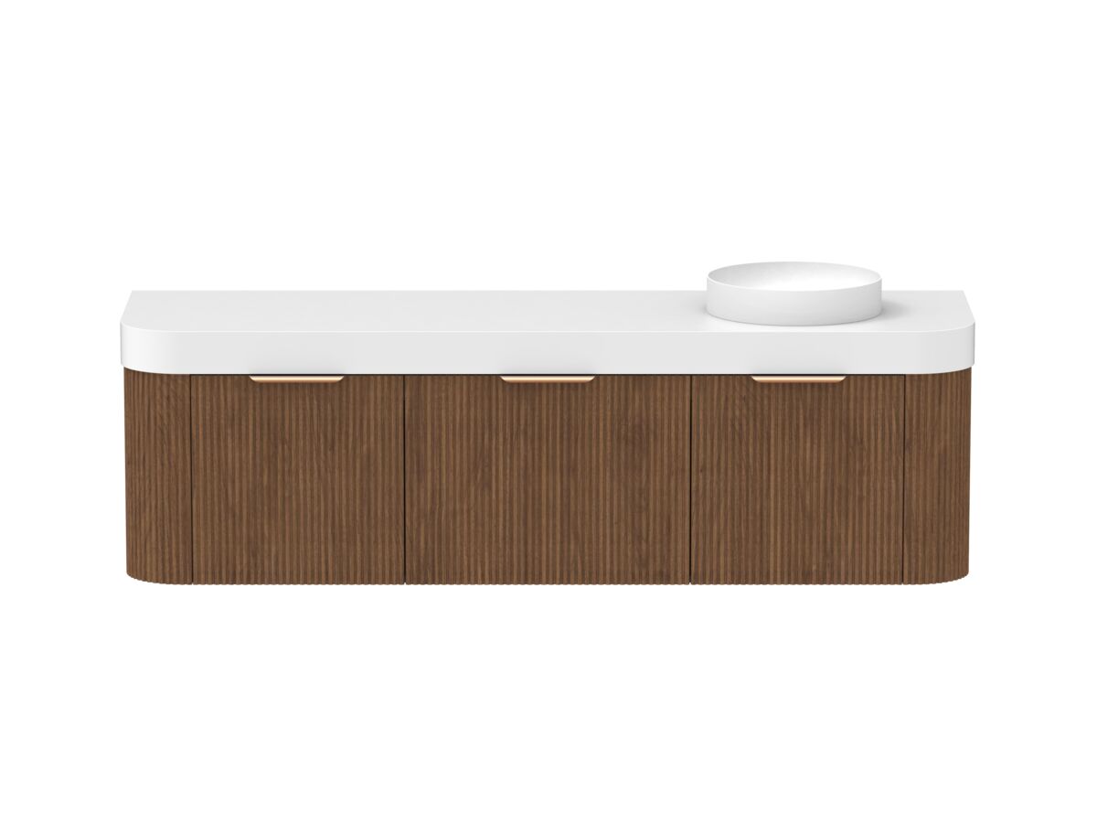 Hero - Kado Neue Fluted Double Curve All Drawer 1800mm Wall Hung Vanity with Right Hand Basin Durasein 90mm Top Florentine Walnut