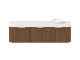 Hero - Kado Neue Fluted Double Curve All Drawer 1800mm Wall Hung Vanity with Right Hand Basin Durasein 90mm Top Florentine Walnut