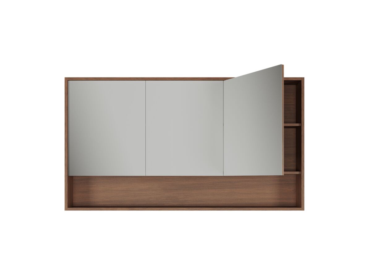 Supporting Image - Kado Aspect 1500mm Mirror Cabinet Three Doors with Shelf and Surround View - Florentine Walnut Open