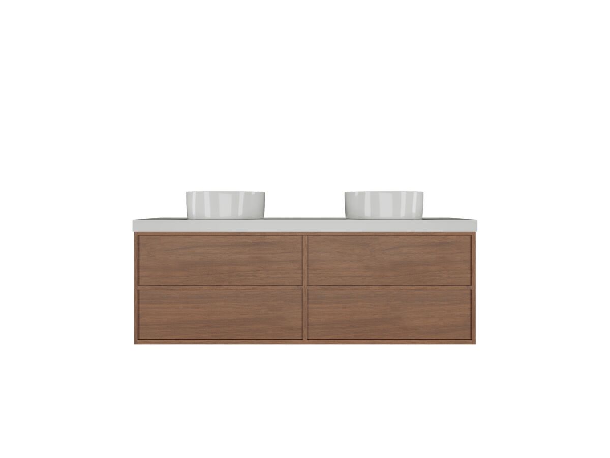 Supporting Image - Kado Aspect Wall Hung Vanity Unit 1500mm Double Bowl 4 Drawer Caesarstone Mineral 50mm Top - Florentine Walnut