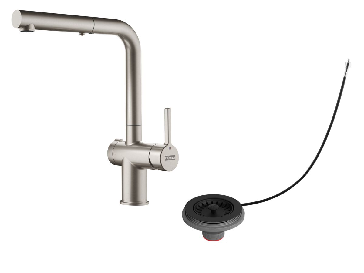 Hero - Franke Active Twist Pull Out Sink Mixer Kit (Brushed Chrome Tap with Matte Black Remote Non-Overflow Waste) (5 Star) Lead Free