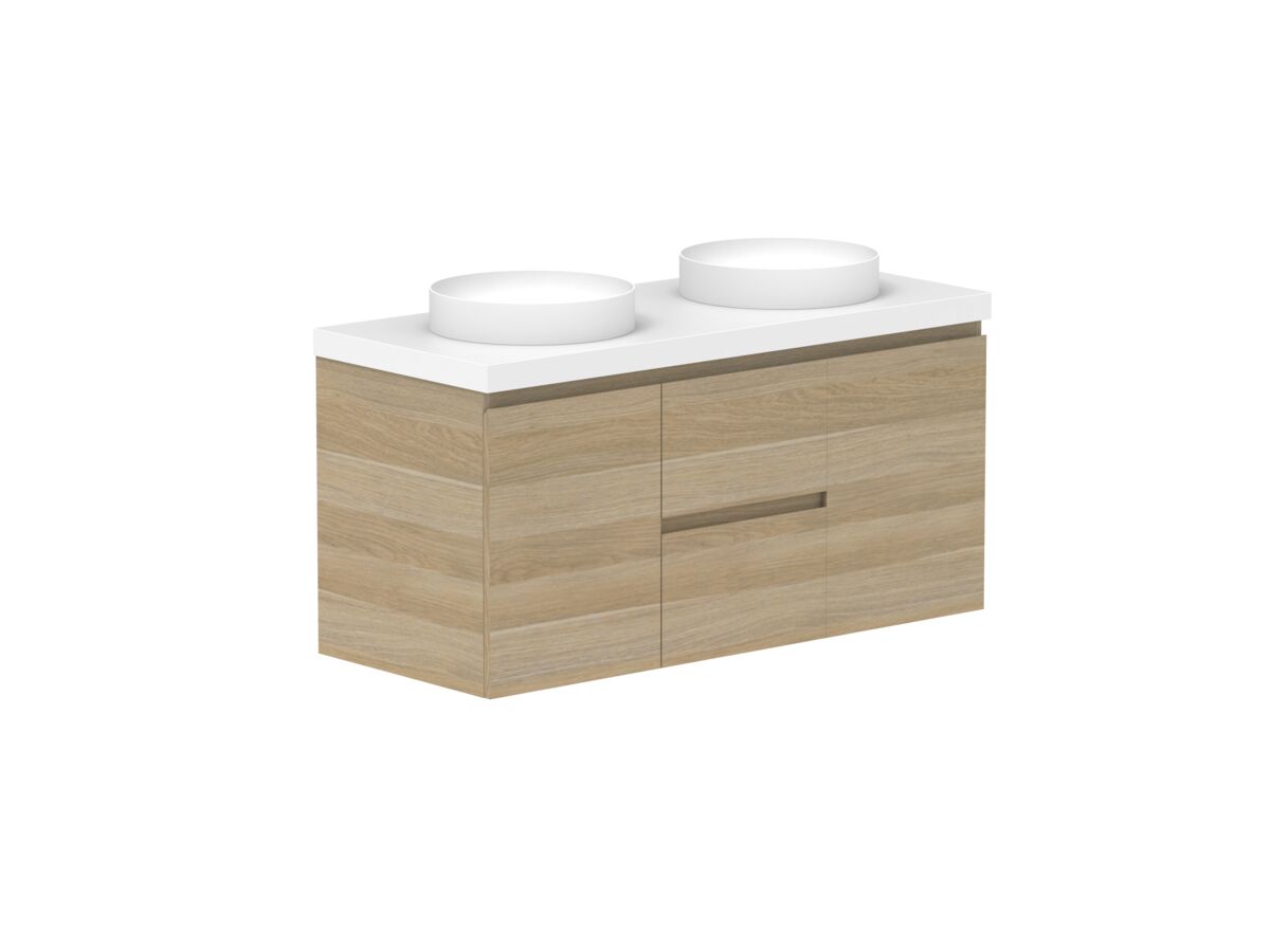 Supporting Image - Posh Domaine 1200mm Wall Hung Vanity Unit Conventional Double Bowl 50mm Top